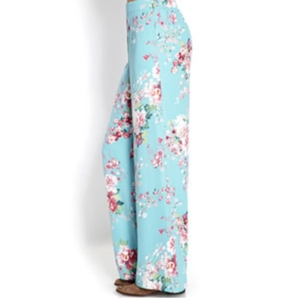 Cherry Blossom turquoise,blue Kimono high waisted wide leg pants,small,floral - Picture 13 of 13